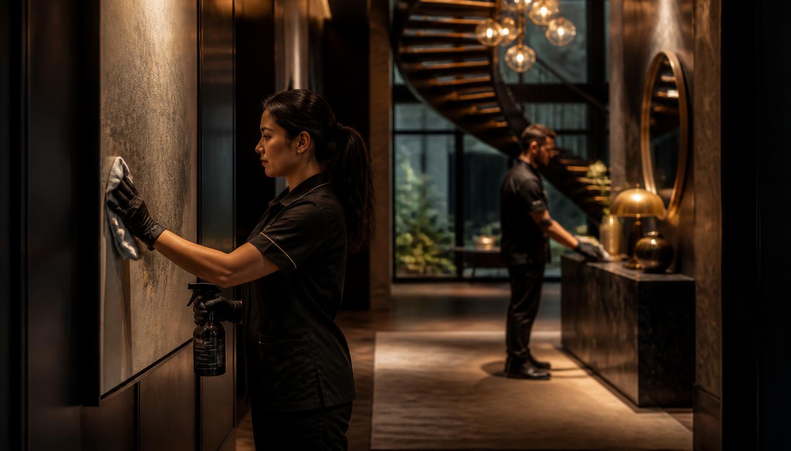 The Black Wolf Cleaning Services cleaning team in uniform in a dark, elegant hallway