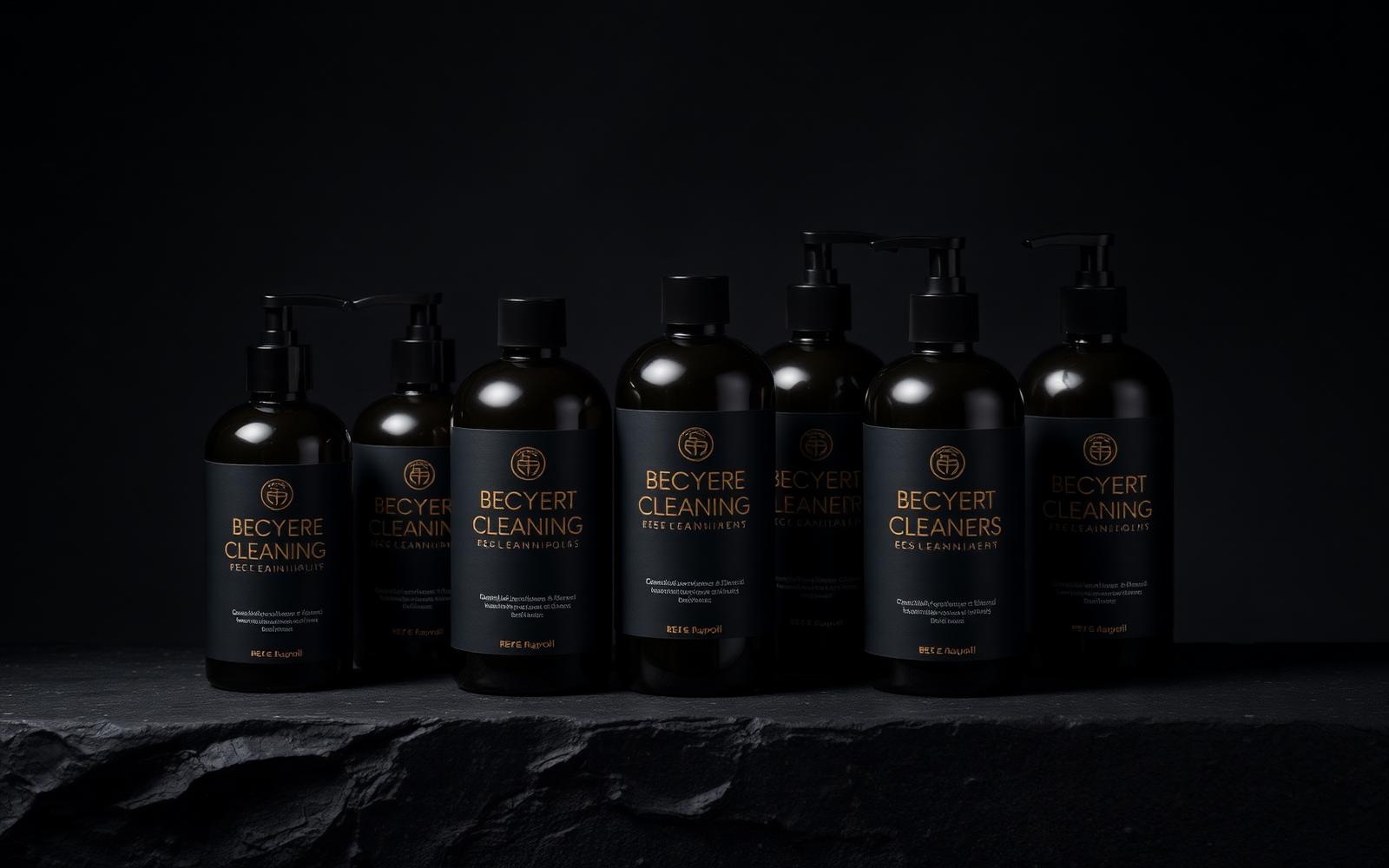 Black Wolf Cleaning Services branded cleaning product bottles on a dark stone surface